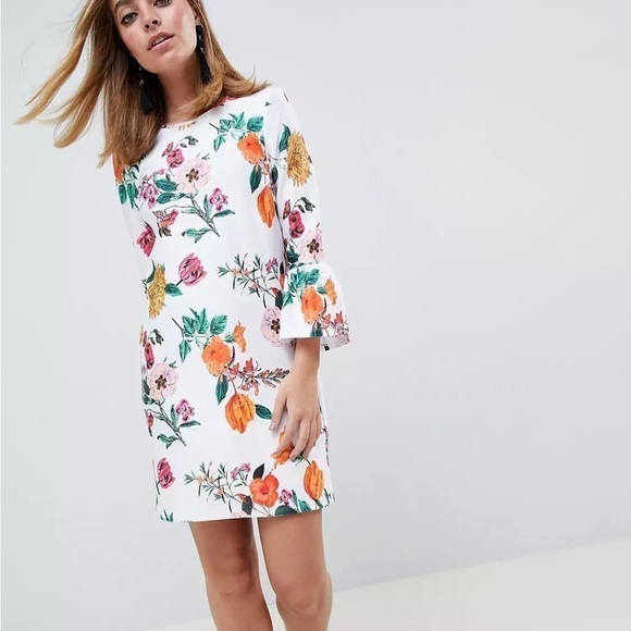 ASOS DESIGN Botanical Shift Mini Dress with Fluted Sleeves, Size 4 - Picture 4 of 16